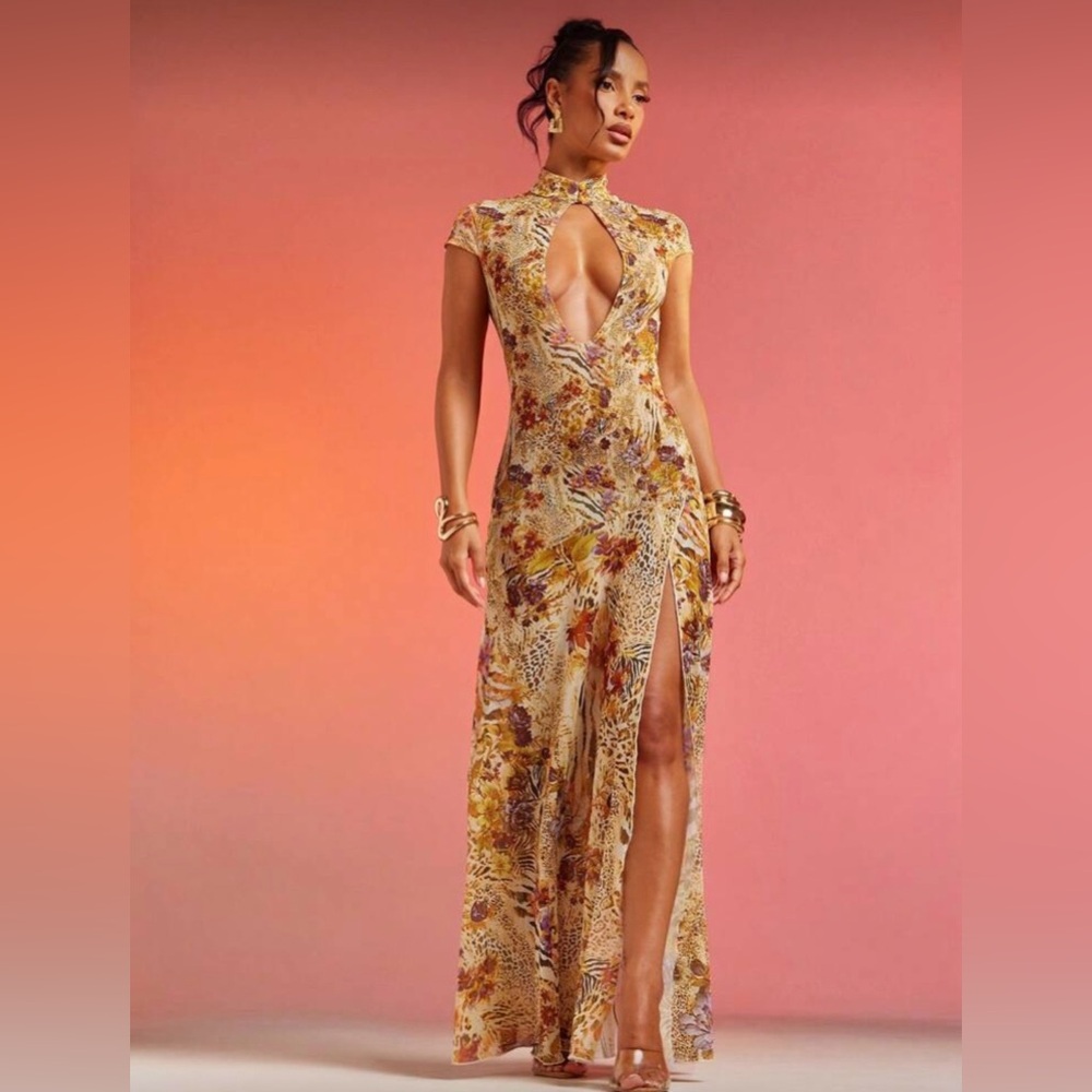 Neutral Floral Animal Print Mesh Keyhole Cutout Mock Neck Maxi Dress Medium